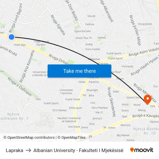 Lapraka to Albanian University - Fakulteti I Mjekësisë map