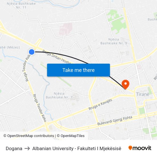 Dogana to Albanian University - Fakulteti I Mjekësisë map