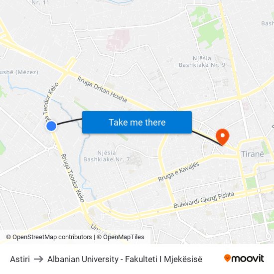 Astiri to Albanian University - Fakulteti I Mjekësisë map