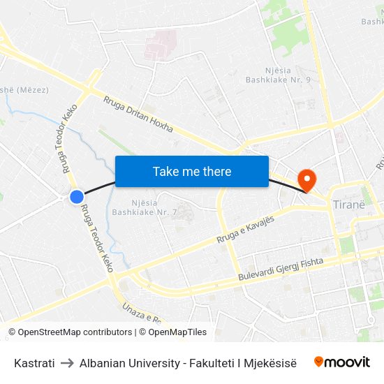 Kastrati to Albanian University - Fakulteti I Mjekësisë map