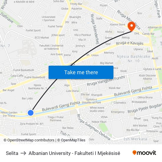 Selita to Albanian University - Fakulteti I Mjekësisë map