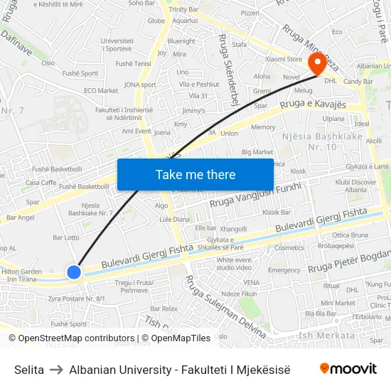 Selita to Albanian University - Fakulteti I Mjekësisë map