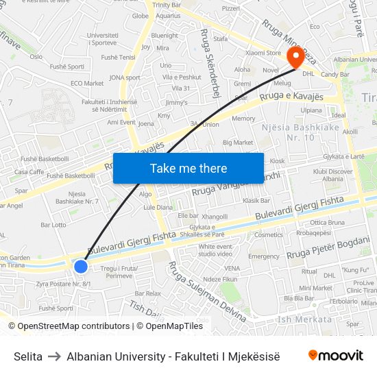 Selita to Albanian University - Fakulteti I Mjekësisë map
