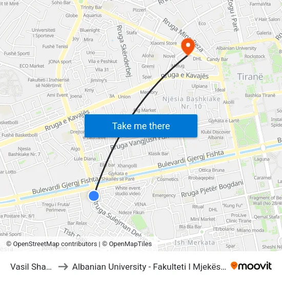 Vasil Shano to Albanian University - Fakulteti I Mjekësisë map