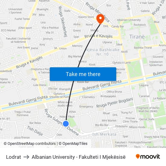 Lodrat to Albanian University - Fakulteti I Mjekësisë map