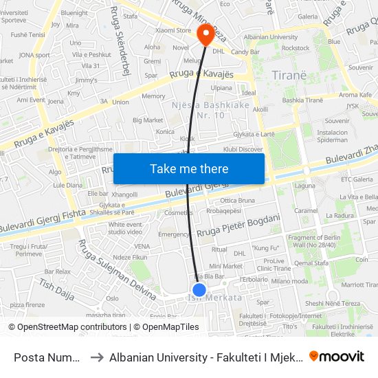 Posta Numer 8 to Albanian University - Fakulteti I Mjekësisë map