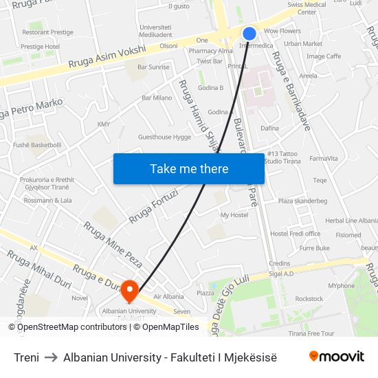 Treni to Albanian University - Fakulteti I Mjekësisë map