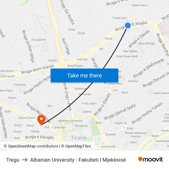Tregu to Albanian University - Fakulteti I Mjekësisë map