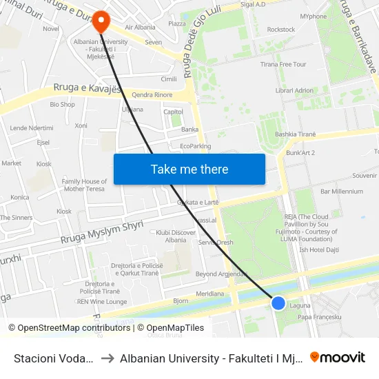 Stacioni Vodafone to Albanian University - Fakulteti I Mjekësisë map