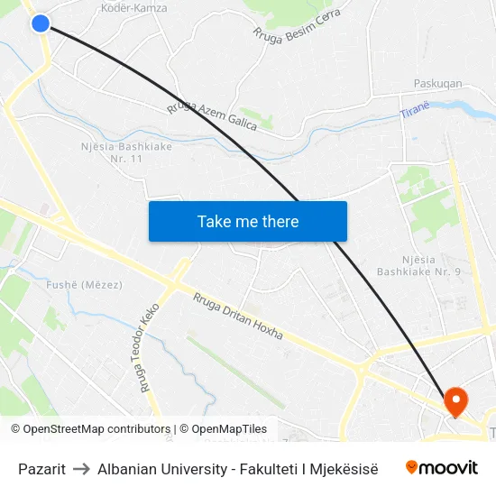 Pazarit to Albanian University - Fakulteti I Mjekësisë map