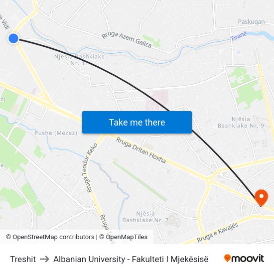 Treshit to Albanian University - Fakulteti I Mjekësisë map