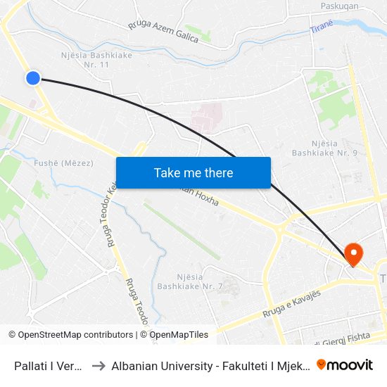 Pallati I Verdhe to Albanian University - Fakulteti I Mjekësisë map