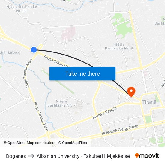 Doganes to Albanian University - Fakulteti I Mjekësisë map