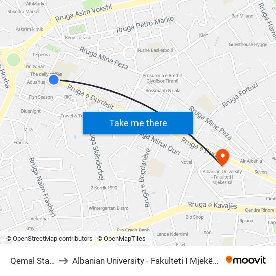 Qemal Stafa to Albanian University - Fakulteti I Mjekësisë map