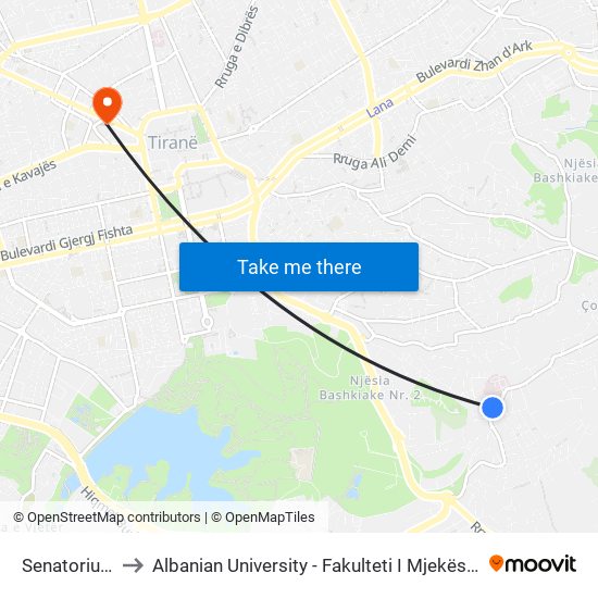 Senatorium to Albanian University - Fakulteti I Mjekësisë map