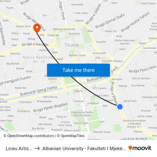 Liceu Artistik to Albanian University - Fakulteti I Mjekësisë map