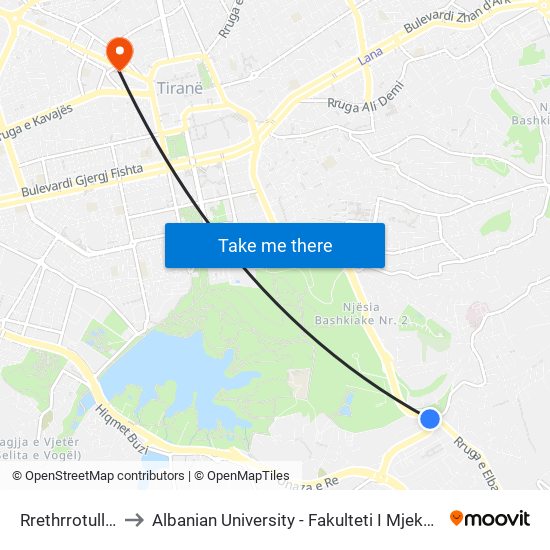 Rrethrrotullmi to Albanian University - Fakulteti I Mjekësisë map