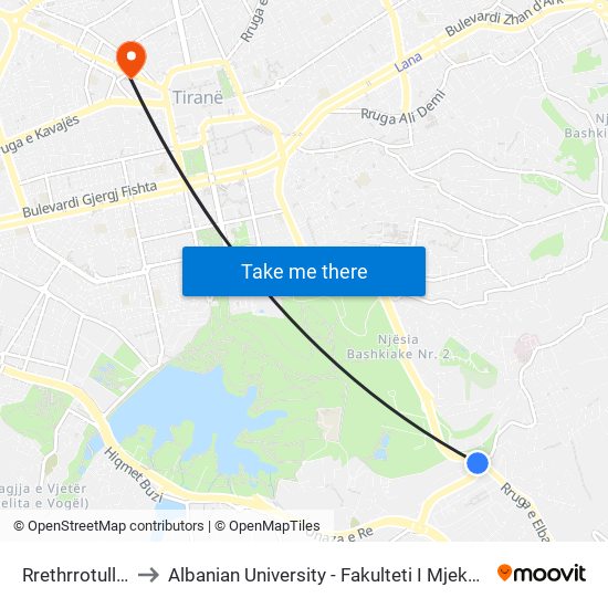 Rrethrrotullmi to Albanian University - Fakulteti I Mjekësisë map