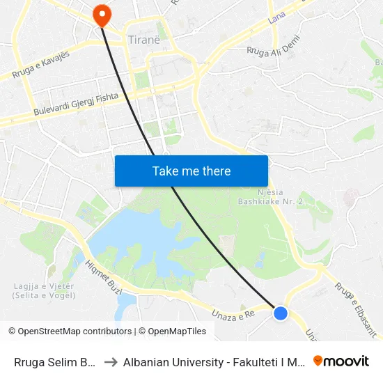 Rruga Selim Brahja to Albanian University - Fakulteti I Mjekësisë map