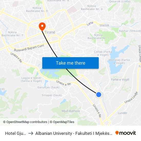 Hotel Gjuta to Albanian University - Fakulteti I Mjekësisë map