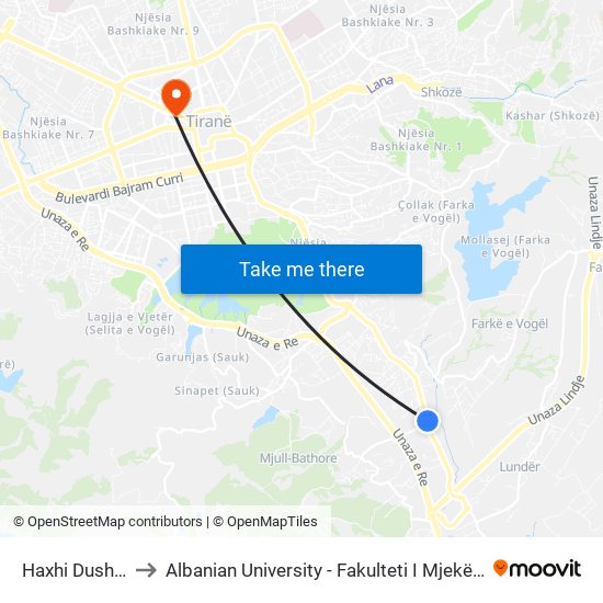 Haxhi Dushku to Albanian University - Fakulteti I Mjekësisë map