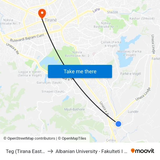 Teg (Tirana East Gate) to Albanian University - Fakulteti I Mjekësisë map
