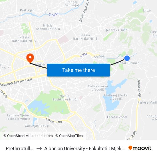 Rrethrrotullimi to Albanian University - Fakulteti I Mjekësisë map