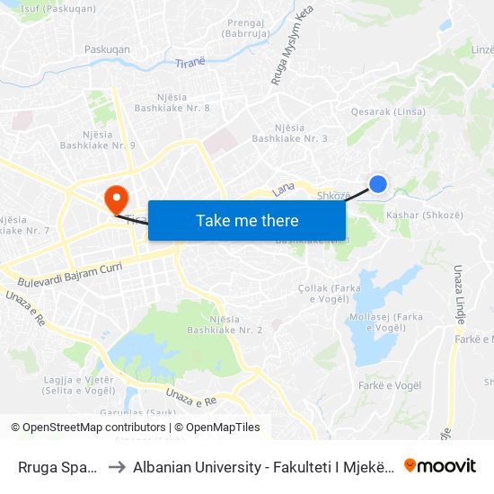 Rruga Spahiu to Albanian University - Fakulteti I Mjekësisë map