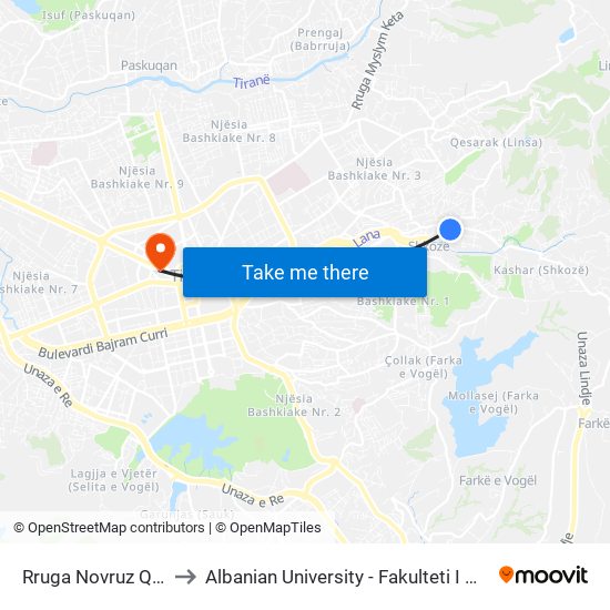Rruga Novruz Qoshja to Albanian University - Fakulteti I Mjekësisë map