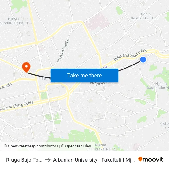Rruga Bajo Topulli to Albanian University - Fakulteti I Mjekësisë map