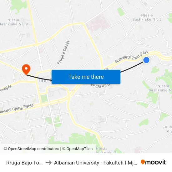 Rruga Bajo Topulli to Albanian University - Fakulteti I Mjekësisë map