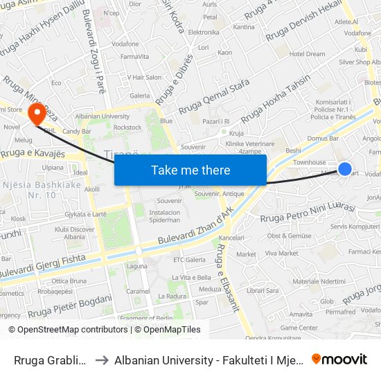 Rruga Grablieshi to Albanian University - Fakulteti I Mjekësisë map