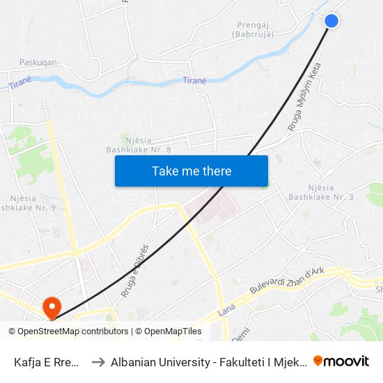 Kafja E Rremes to Albanian University - Fakulteti I Mjekësisë map