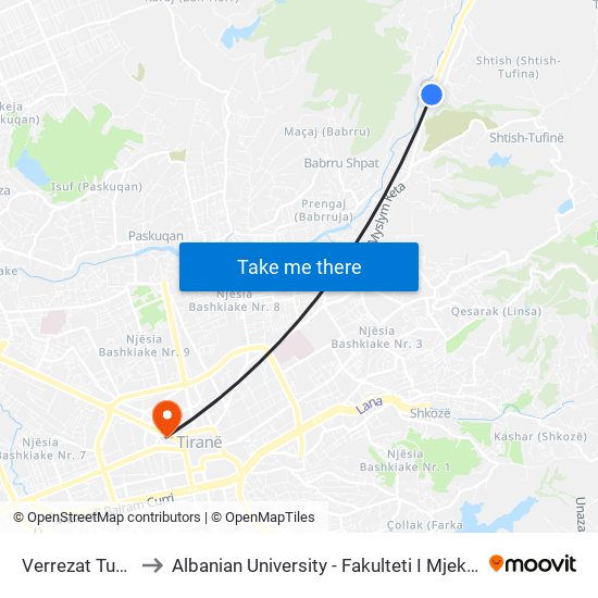 Verrezat Tufine to Albanian University - Fakulteti I Mjekësisë map