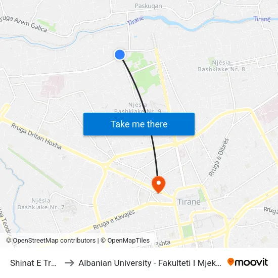 Shinat E Trenit to Albanian University - Fakulteti I Mjekësisë map