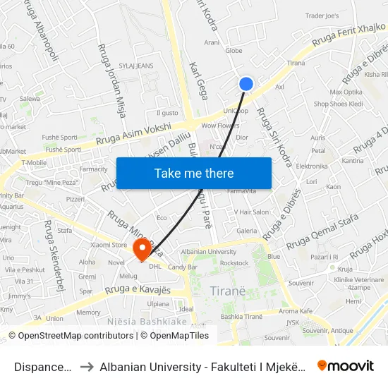 Dispanceria to Albanian University - Fakulteti I Mjekësisë map