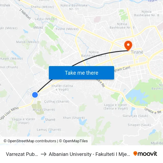 Varrezat Publike to Albanian University - Fakulteti I Mjekësisë map