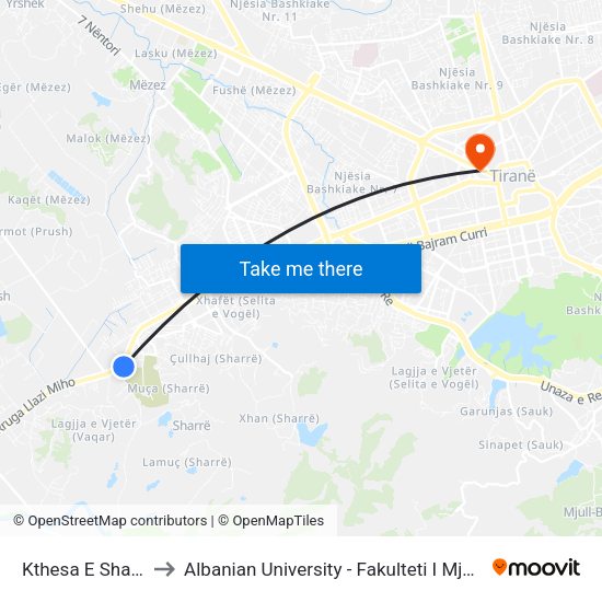 Kthesa E Sharres to Albanian University - Fakulteti I Mjekësisë map