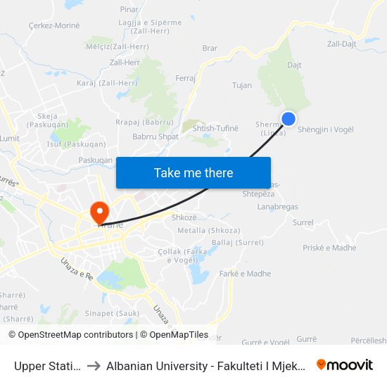 Upper Station to Albanian University - Fakulteti I Mjekësisë map
