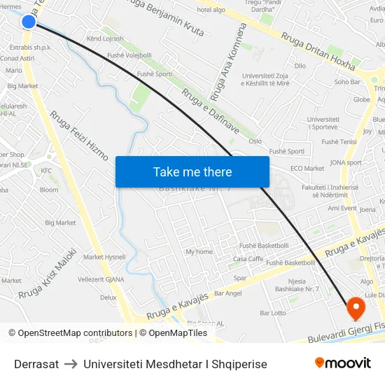 Derrasat to Universiteti Mesdhetar I Shqiperise map