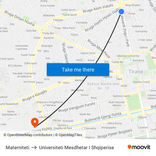 Materniteti to Universiteti Mesdhetar I Shqiperise map