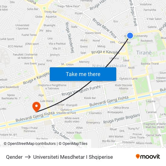 Qender to Universiteti Mesdhetar I Shqiperise map