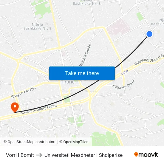 Vorri I Bomit to Universiteti Mesdhetar I Shqiperise map