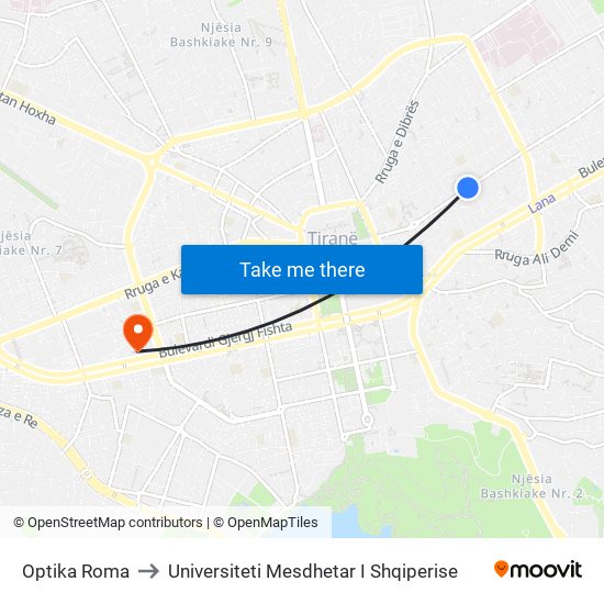 Optika Roma to Universiteti Mesdhetar I Shqiperise map