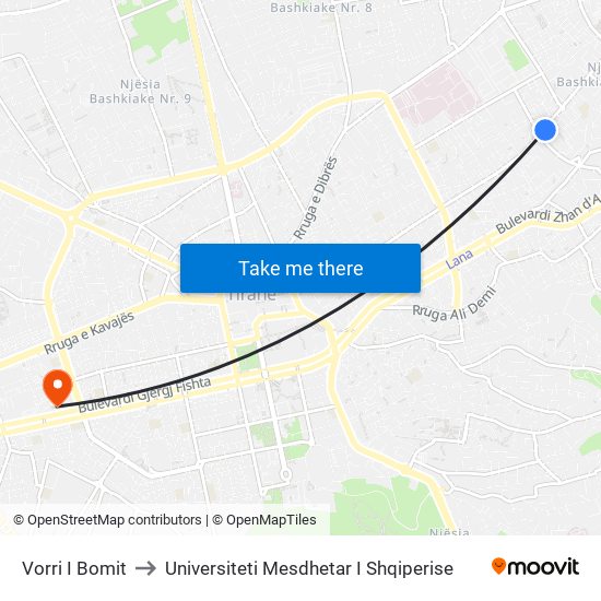 Vorri I Bomit to Universiteti Mesdhetar I Shqiperise map