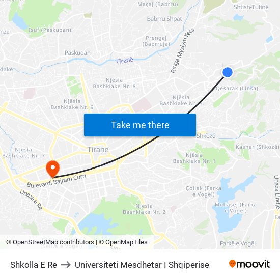 Shkolla E Re to Universiteti Mesdhetar I Shqiperise map