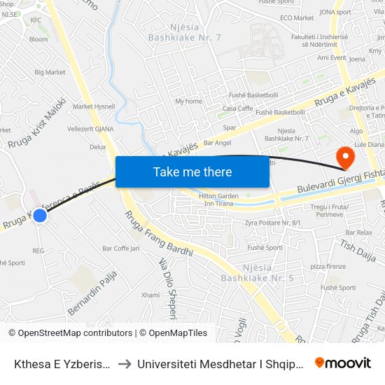 Kthesa E Yzberishtit to Universiteti Mesdhetar I Shqiperise map