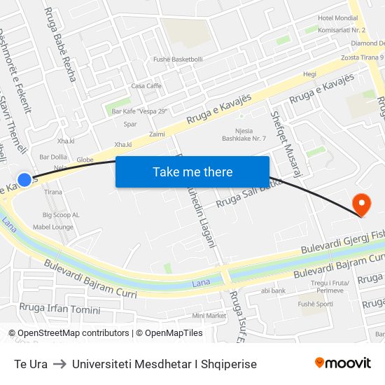 Te Ura to Universiteti Mesdhetar I Shqiperise map