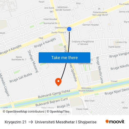 Kryqezim 21 to Universiteti Mesdhetar I Shqiperise map