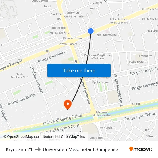 Kryqezim 21 to Universiteti Mesdhetar I Shqiperise map